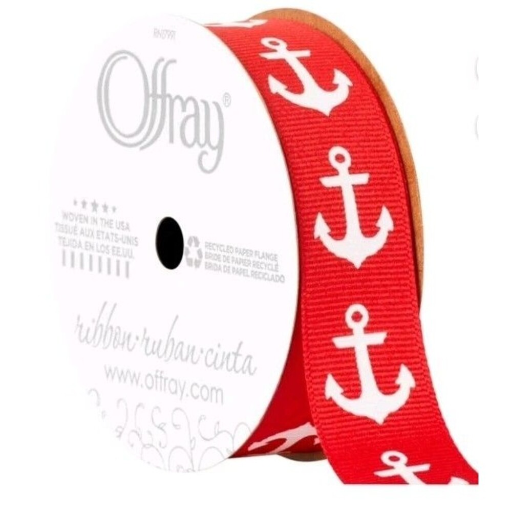 Berwick Offray Grosgrain Polyester Ribbon, 7/8" x 9', Red w/ White Anchors